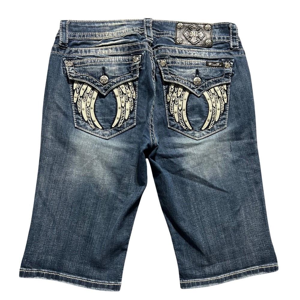 Miss Me Bermuda Shorts Womens 30 (Fits 32x12.5) Blue Wing Embroidered Rhinestone